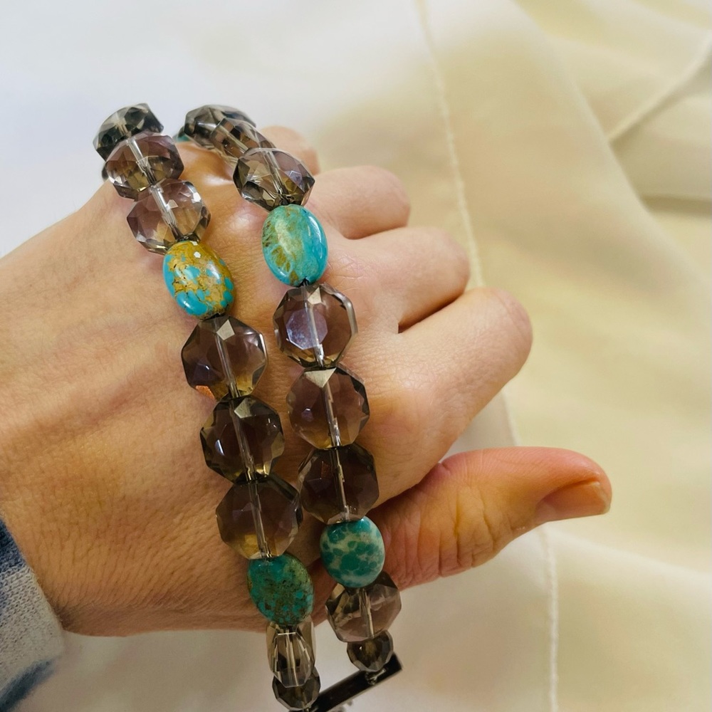 Turquoise Smokey Quartz Stone Bead Adjustable Bracelet